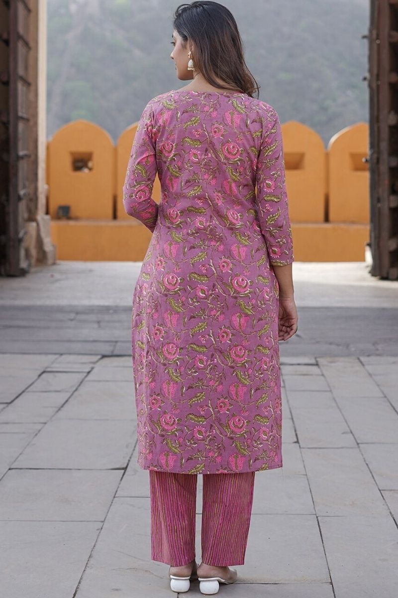 Dusty Mauve Pink Floral Printed Pure Cotton Readymade Salwar Suit with Dupatta KF