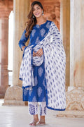 Blue Floral Printed Pure Cotton Readymade Salwar Suit with Dupatta KF