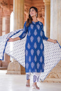 Blue Floral Printed Pure Cotton Readymade Salwar Suit with Dupatta KF