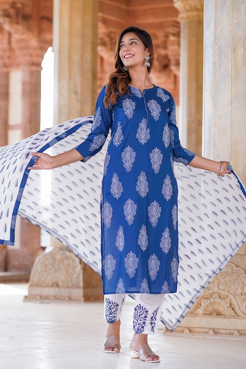 Blue Floral Printed Pure Cotton Readymade Salwar Suit with Dupatta KF