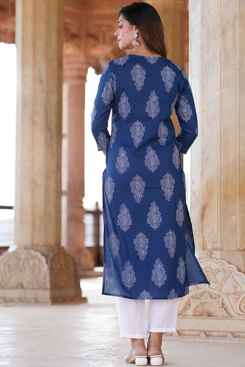 Blue Floral Printed Pure Cotton Readymade Salwar Suit with Dupatta KF