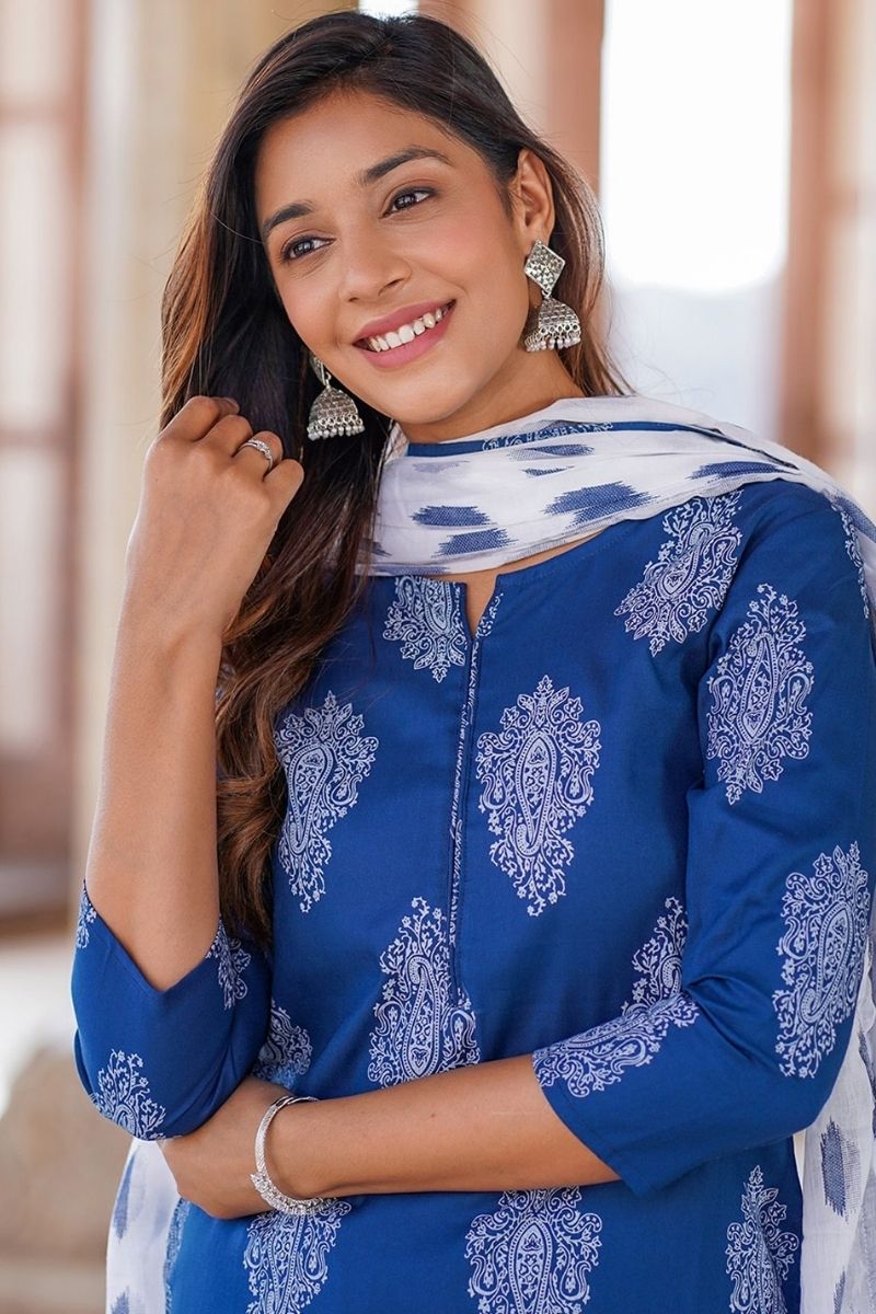Blue Floral Printed Pure Cotton Readymade Salwar Suit with Dupatta KF