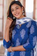 Blue Floral Printed Pure Cotton Readymade Salwar Suit with Dupatta KF