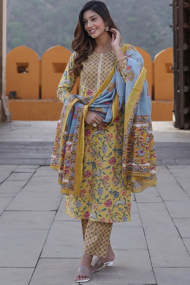 Yellow Pure Cotton Printed Salwar Kameez Set with Cotton Voile Dupatta – Ready-made Ethnic Suit KF