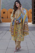 Yellow Pure Cotton Printed Salwar Kameez Set with Cotton Voile Dupatta – Ready-made Ethnic Suit KF