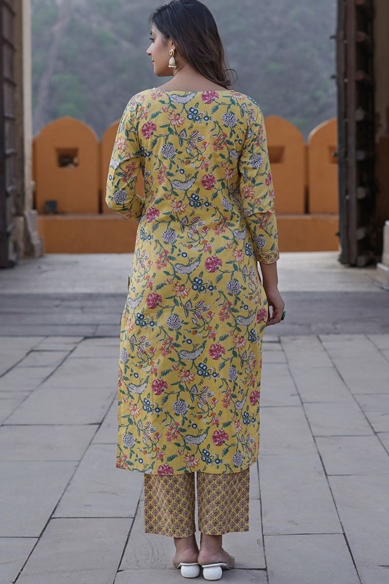 Yellow Pure Cotton Printed Salwar Kameez Set with Cotton Voile Dupatta – Ready-made Ethnic Suit KF