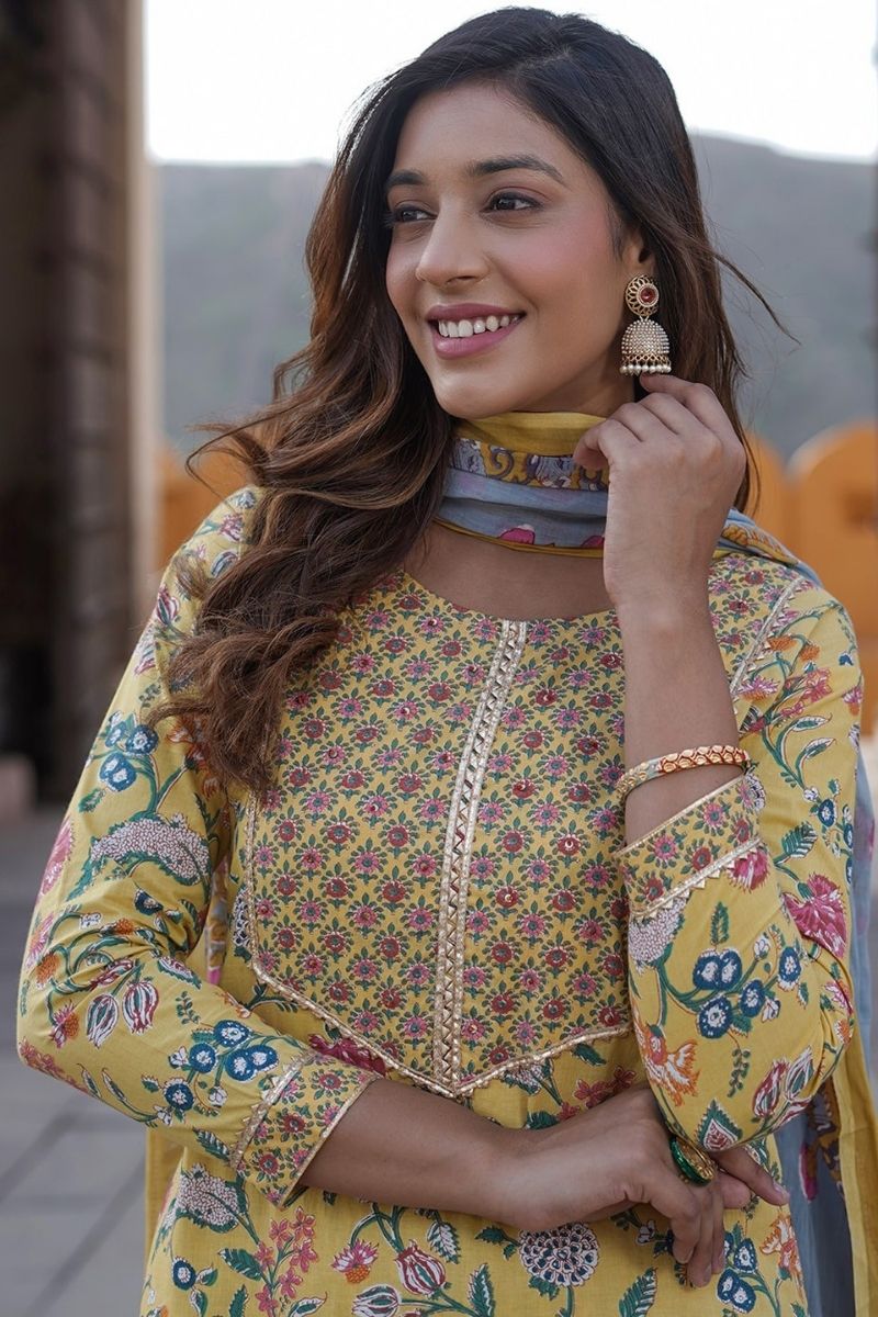 Yellow Pure Cotton Printed Salwar Kameez Set with Cotton Voile Dupatta – Ready-made Ethnic Suit KF