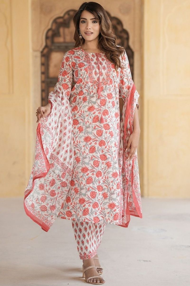 White Pure Cotton Printed Salwar Kameez Set with Cotton Voile Dupatta – Ready-made Ethnic Suit (Copy) KF