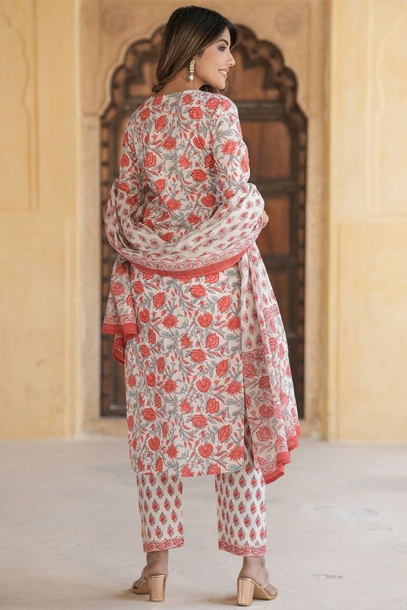 White Pure Cotton Printed Salwar Kameez Set with Cotton Voile Dupatta – Ready-made Ethnic Suit (Copy) KF
