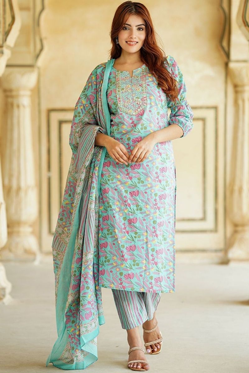 Blue Floral Printed Pure Cotton Readymade Salwar Suit with Dupatta KF
