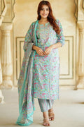Blue Floral Printed Pure Cotton Readymade Salwar Suit with Dupatta KF