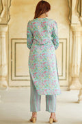 Blue Floral Printed Pure Cotton Readymade Salwar Suit with Dupatta KF