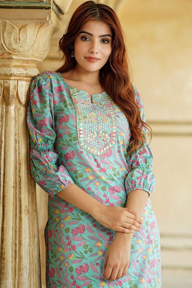 Blue Floral Printed Pure Cotton Readymade Salwar Suit with Dupatta KF