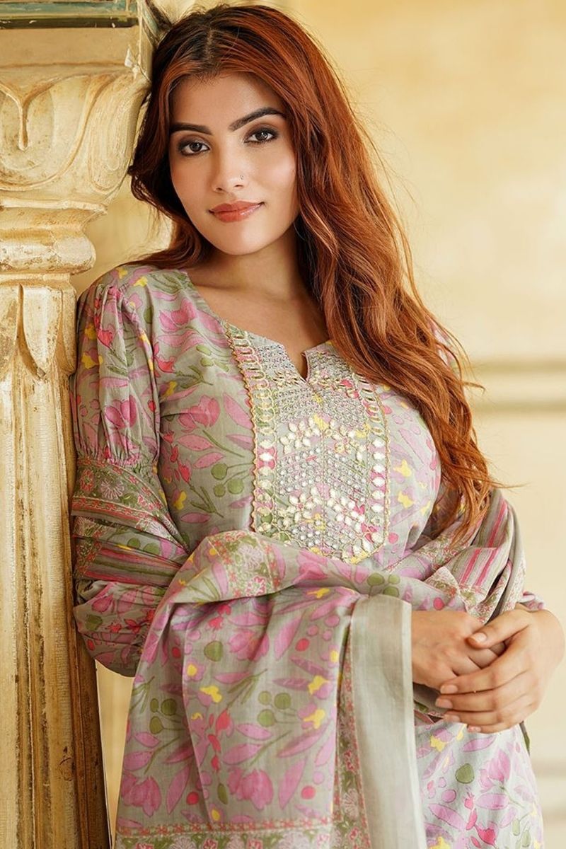 Multi Floral Printed Pure Cotton Readymade Salwar Suit with Dupatta KF