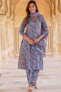 Blue & Pink Floral Printed Pure Cotton Readymade Salwar Suit with Dupatta KF