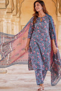 Blue & Pink Floral Printed Pure Cotton Readymade Salwar Suit with Dupatta KF