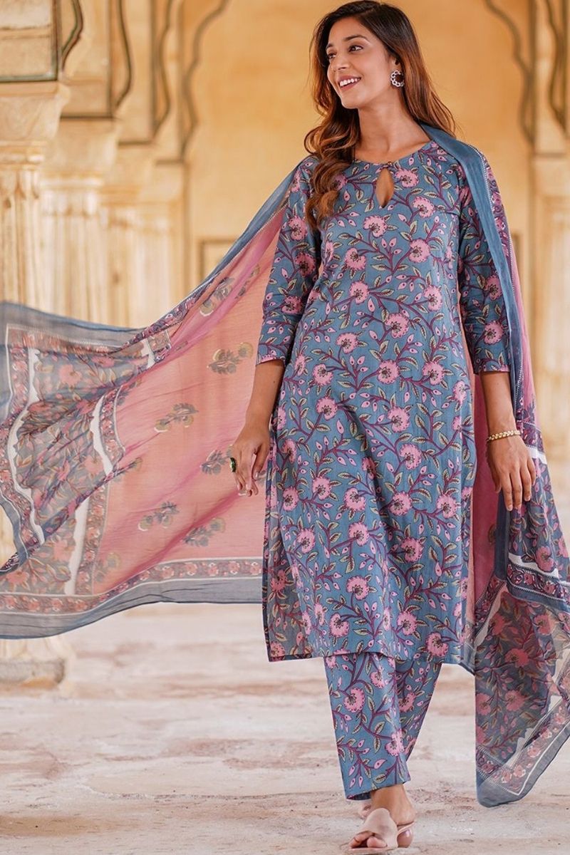 Blue & Pink Floral Printed Pure Cotton Readymade Salwar Suit with Dupatta KF