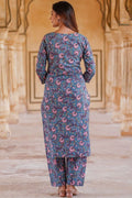 Blue & Pink Floral Printed Pure Cotton Readymade Salwar Suit with Dupatta KF