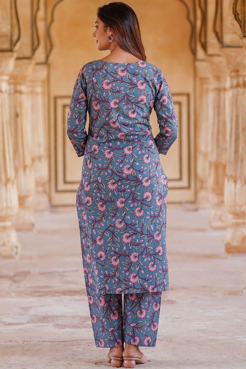 Blue & Pink Floral Printed Pure Cotton Readymade Salwar Suit with Dupatta KF