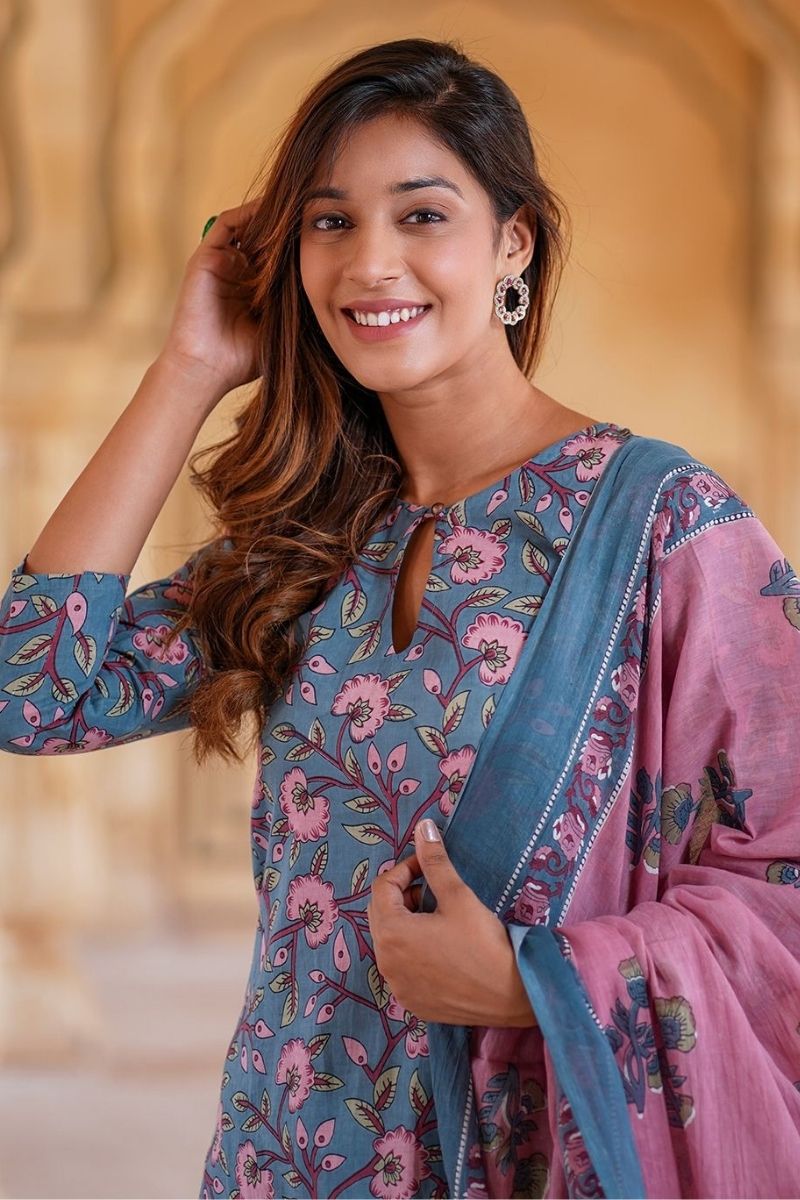Blue & Pink Floral Printed Pure Cotton Readymade Salwar Suit with Dupatta KF