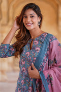 Blue & Pink Floral Printed Pure Cotton Readymade Salwar Suit with Dupatta KF