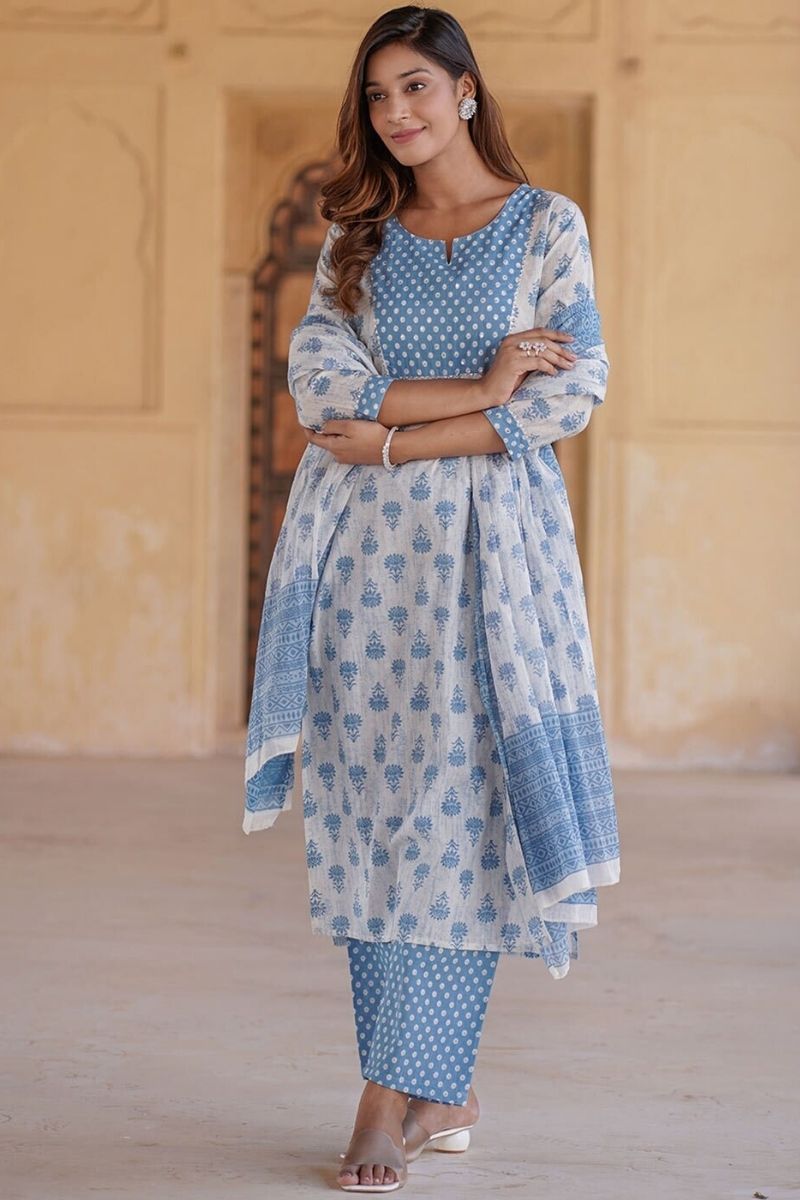 White & Blue Floral Printed Pure Cotton Readymade Salwar Suit with Dupatta (Copy) KF