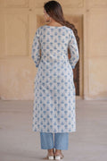 White & Blue Floral Printed Pure Cotton Readymade Salwar Suit with Dupatta (Copy) KF