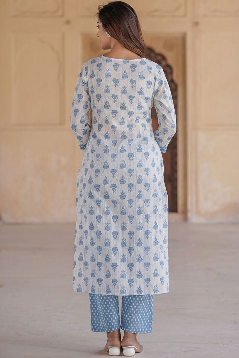 White & Blue Floral Printed Pure Cotton Readymade Salwar Suit with Dupatta (Copy) KF
