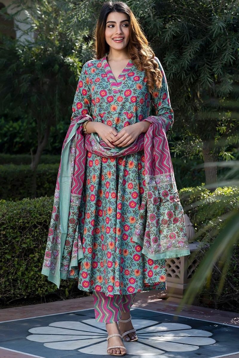 Blue & Pink Pure Cotton Floral Printed Anarkali Suit Set with Dupatta KF