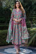 Blue & Pink Pure Cotton Floral Printed Anarkali Suit Set with Dupatta KF