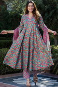 Blue & Pink Pure Cotton Floral Printed Anarkali Suit Set with Dupatta KF