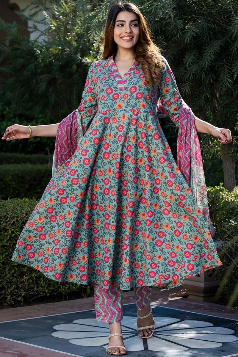 Blue & Pink Pure Cotton Floral Printed Anarkali Suit Set with Dupatta KF
