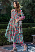 Blue & Pink Pure Cotton Floral Printed Anarkali Suit Set with Dupatta KF