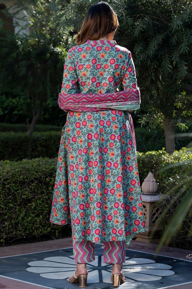Blue & Pink Pure Cotton Floral Printed Anarkali Suit Set with Dupatta KF