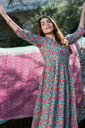Blue & Pink Pure Cotton Floral Printed Anarkali Suit Set with Dupatta KF