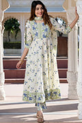 White Pure Cotton Floral Printed Anarkali Suit Set with Dupatta KF