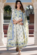 White Pure Cotton Floral Printed Anarkali Suit Set with Dupatta KF
