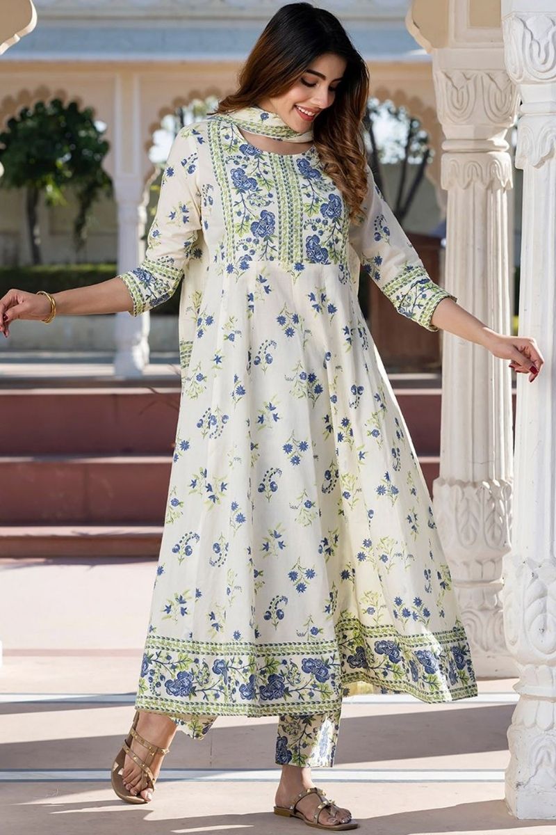 White Pure Cotton Floral Printed Anarkali Suit Set with Dupatta KF