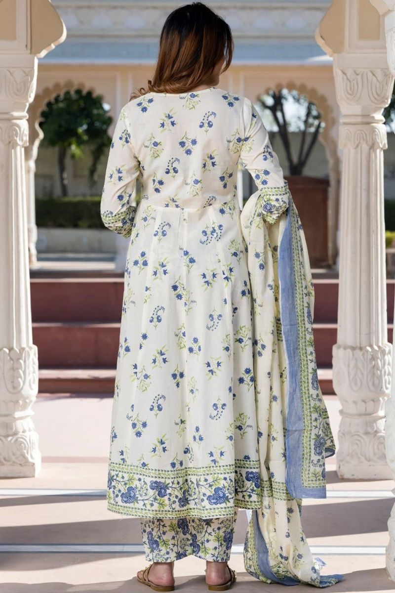 White Pure Cotton Floral Printed Anarkali Suit Set with Dupatta KF