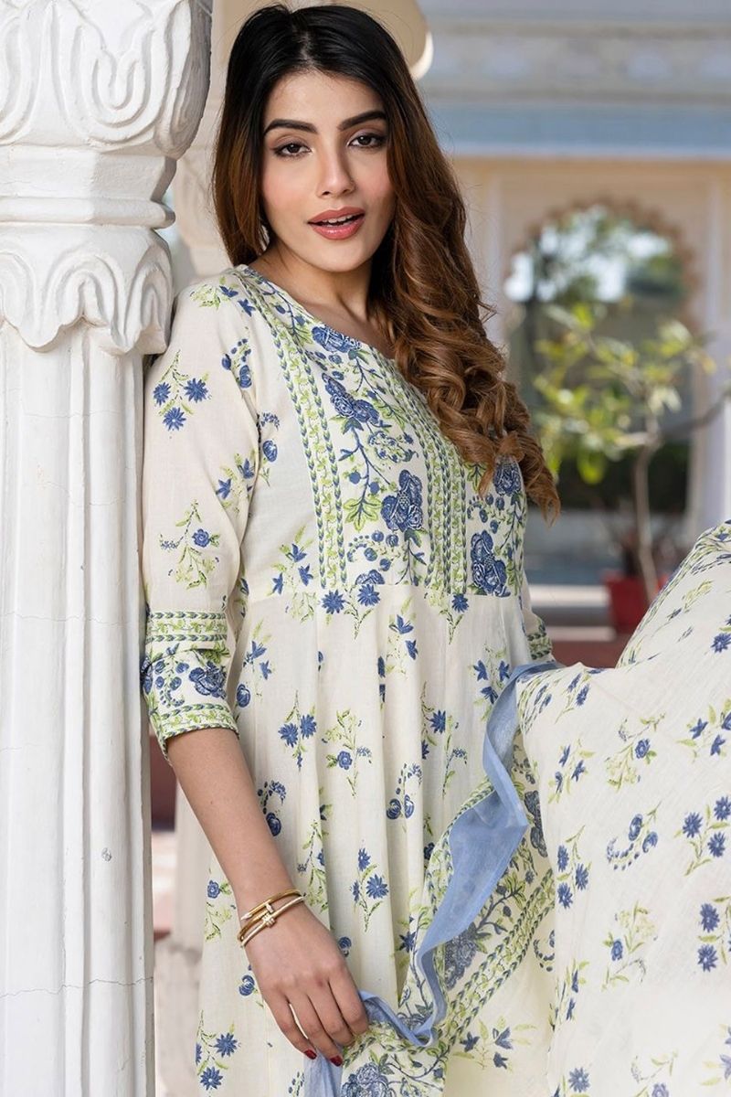 White Pure Cotton Floral Printed Anarkali Suit Set with Dupatta KF