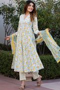 White & Yellow Pure Cotton Floral Printed Anarkali Suit Set with Dupatta KF