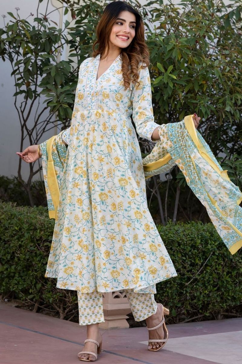 White & Yellow Pure Cotton Floral Printed Anarkali Suit Set with Dupatta KF