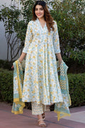 White & Yellow Pure Cotton Floral Printed Anarkali Suit Set with Dupatta KF