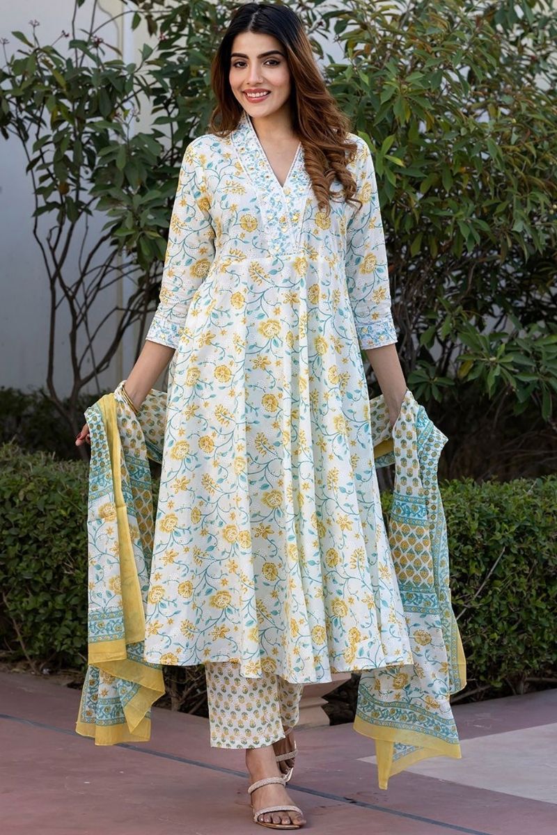 White & Yellow Pure Cotton Floral Printed Anarkali Suit Set with Dupatta KF