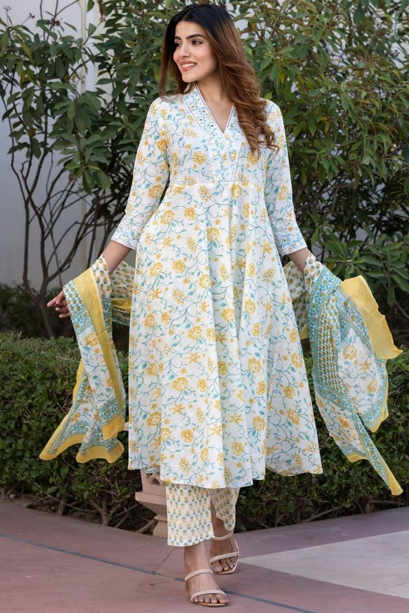 White & Yellow Pure Cotton Floral Printed Anarkali Suit Set with Dupatta KF