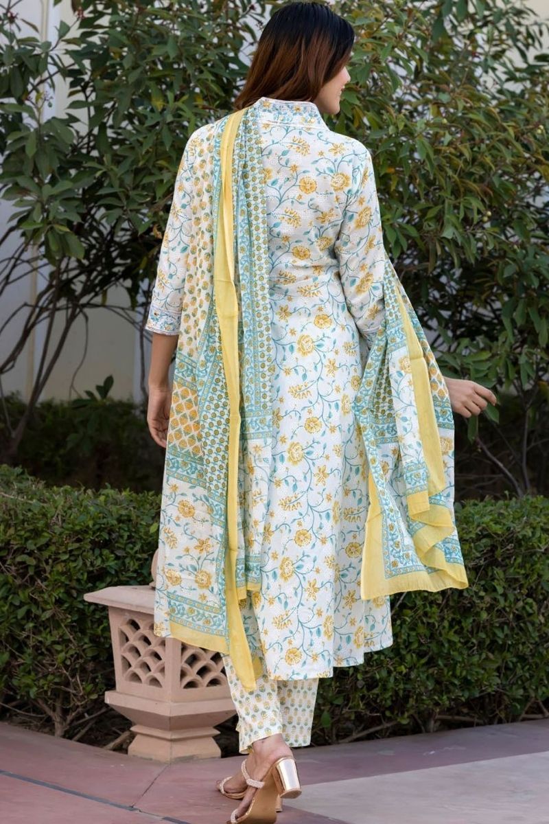 White & Yellow Pure Cotton Floral Printed Anarkali Suit Set with Dupatta KF
