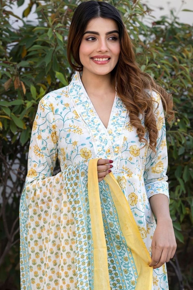 White & Yellow Pure Cotton Floral Printed Anarkali Suit Set with Dupatta KF