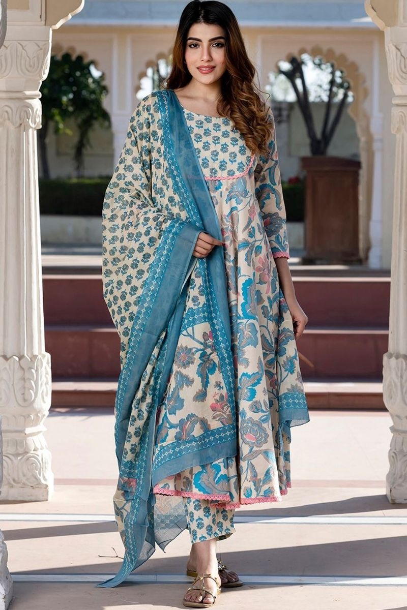 White & Yellow Pure Cotton Floral Printed Anarkali Suit Set with Dupatta KF