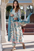 White & Yellow Pure Cotton Floral Printed Anarkali Suit Set with Dupatta KF