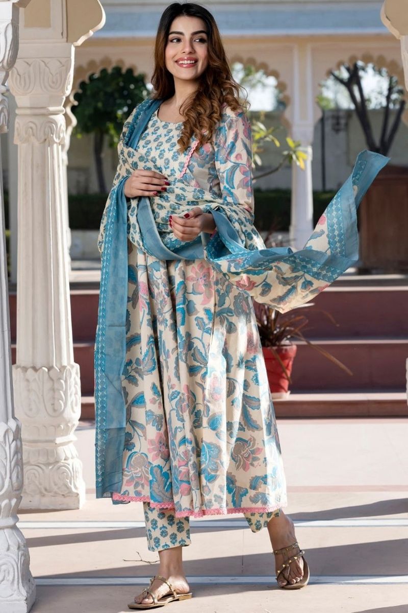 White & Yellow Pure Cotton Floral Printed Anarkali Suit Set with Dupatta KF